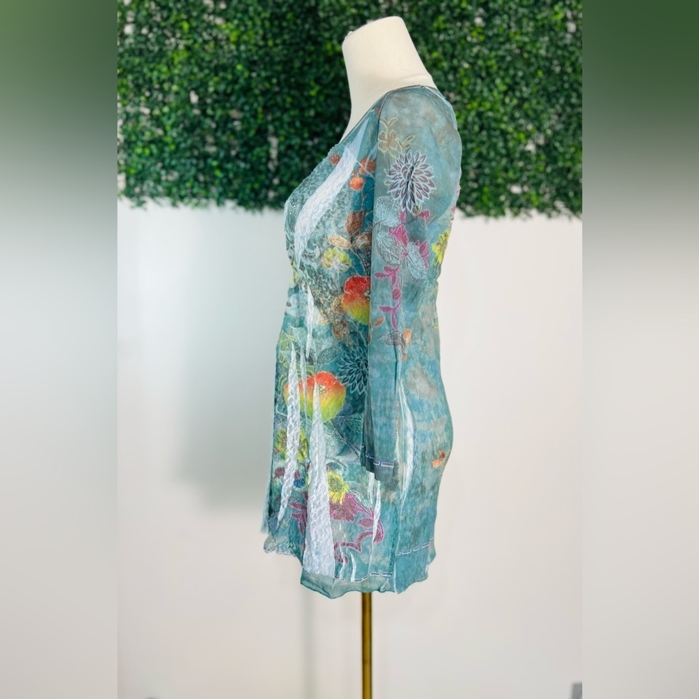 Dressbarn Y2K Lace Tunic Top Small Green Floral Sheer Sleeves Fairy Grunge - Picture 3 of 11